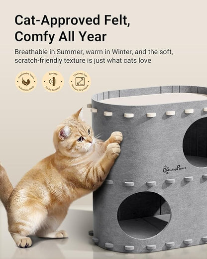 DownyPaws Cat House for Indoor Cats, 2-Storey Foldable Cat Bed Cave, Felt Cats - Image 4
