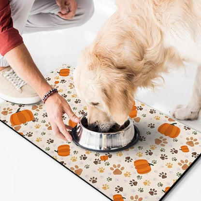 Fall Pumpkin Dog Food & Water Mat, Paw Prints Autumn Pet Feeding Mat - Image 2
