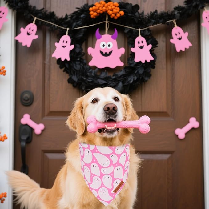 ADOGGYGO Pink Halloween Dog Bandanas 2 Pack, Reversible Ghost Pumpkin Scarf Bib - Image 3