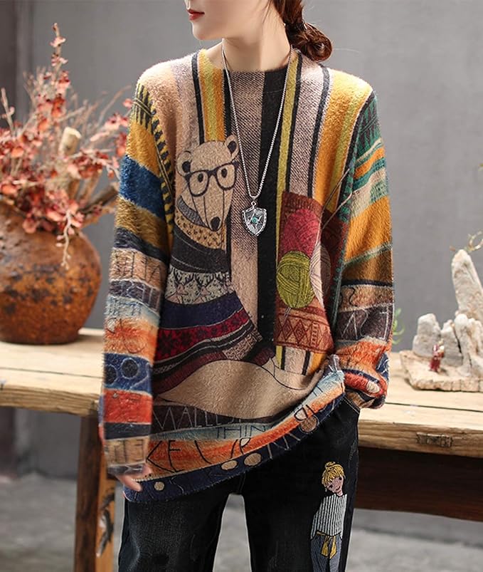 YESNO Women Christmas Sweater Graphic Printed Oversized Pullover Sweaters - Image 2