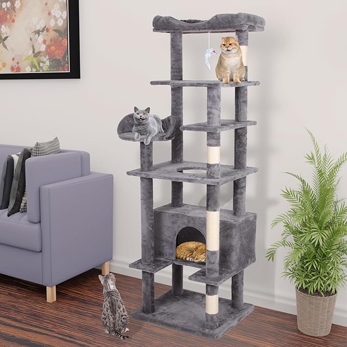 71'' Velvet Cat Climbing Frame, Large Top Padded Perch and Playhouse, by anwickjeff