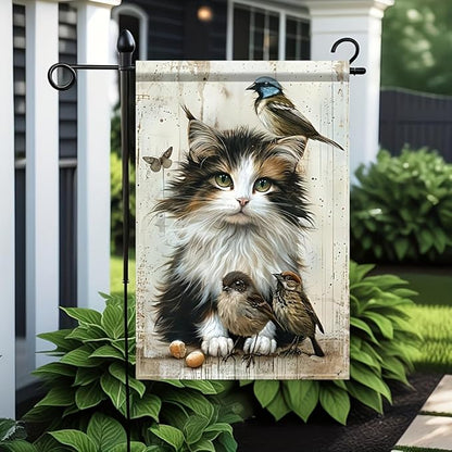 Cat and Birds Garden Flag 12x18 Inch Double Sided Outdoor Yard Banner Fluffy - Image 2