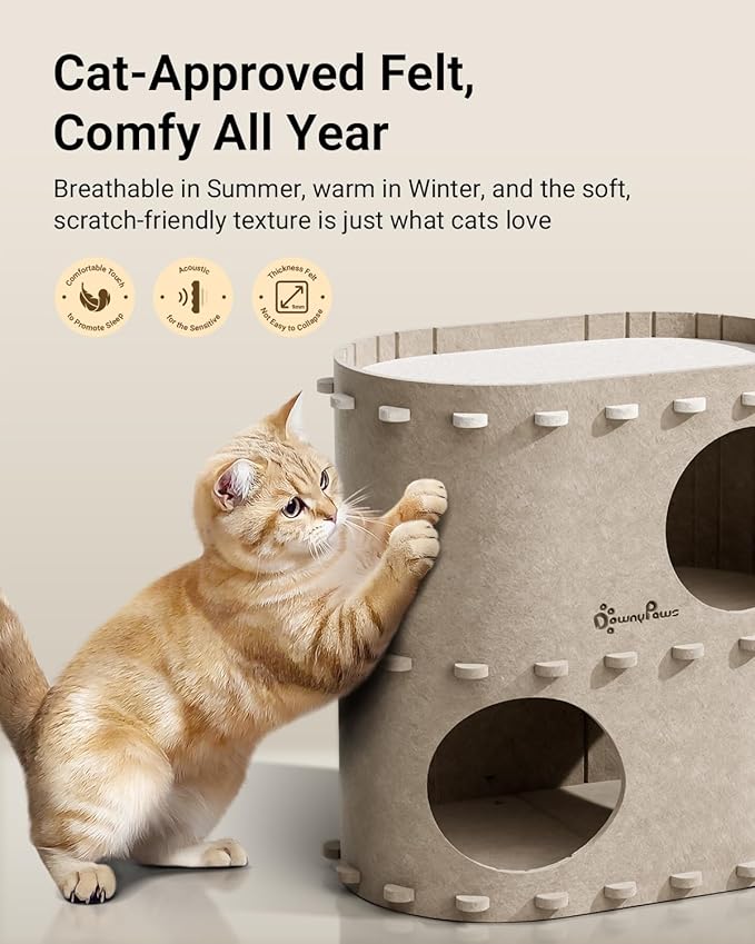 DownyPaws Cat House for Indoor Cats, 2-Storey Foldable Cat Bed Cave, Felt Cats - Image 4