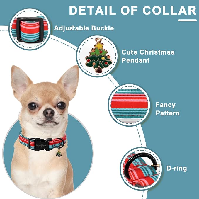 Christmas Dog Collar, Unique Style Paws Red Green Strips Dog Collar - Image 3