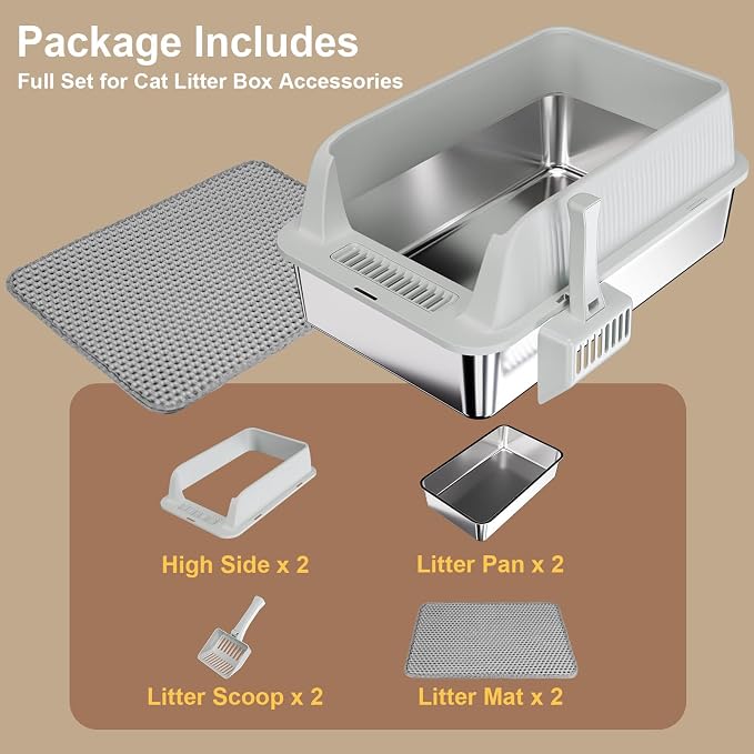TENTIZON 2 Pack Large Stainless Steel Cat Litter Boxes, Open Top Metal Kitty - Image 7