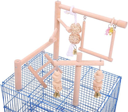 QBLEEV Bird Cage Play Stand Toy Set-Birdcage Wood Stands Hanging Chew Toys by QBLEEV