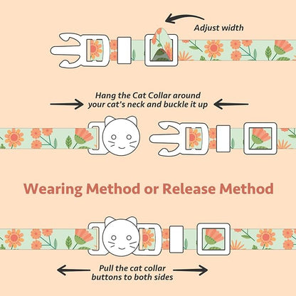 2 Pack Cotton Breakaway Cat Collar Beige and Green Flowers Pendant Cute Kitten - Image 7