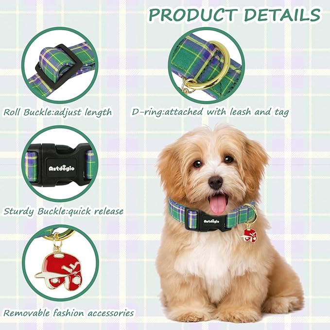 Dog Collar with Dark Green Striped Checkered - Image 3
