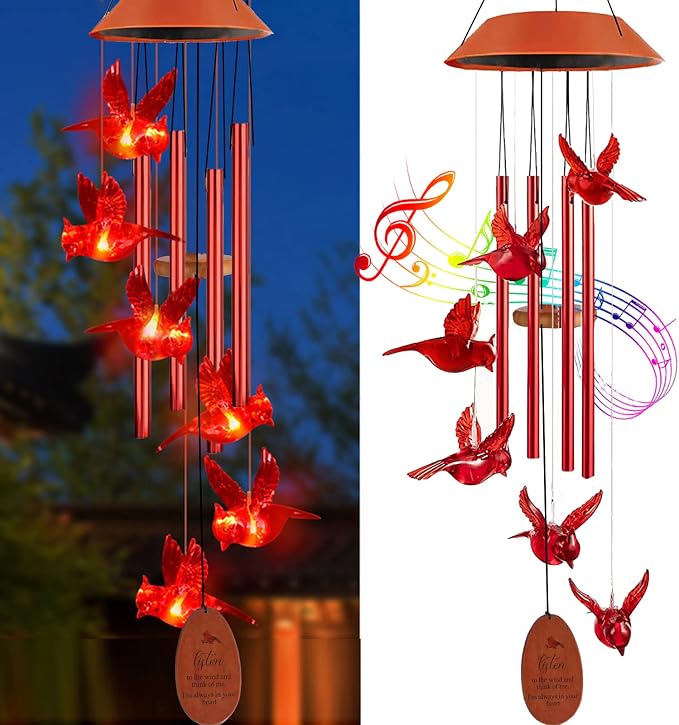 Cardinal Solar Wind Chimes Outdoor, Cardinal Bird Wind Chime Light by TSIPEKLO