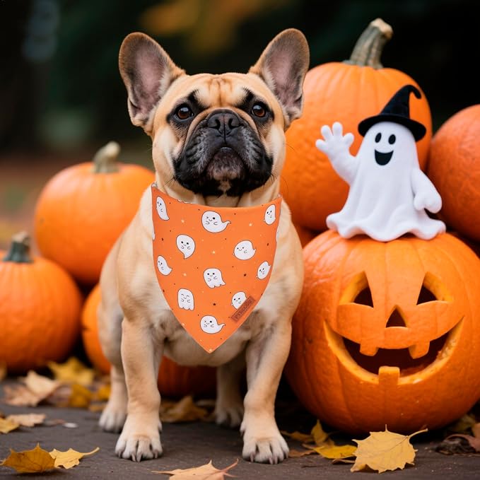 PTDECOR Halloween Dog Bandana, Cute Ghost Pumpkin Design Reversible Holiday Pet - Image 3