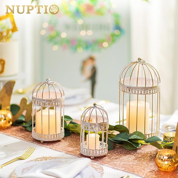 NUPTIO Decorative Bird Cage Lantern: 2 Set of 10 inch Tall Rustic White - Image 3