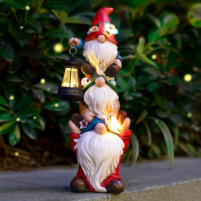 Garden Gnome Statue with Solar Lights Garden Sculptures Funny Triple Gnome by Twinbling