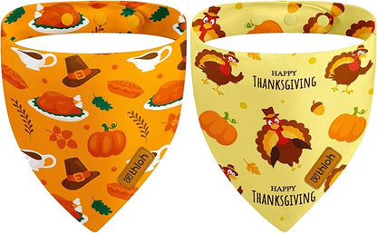 Thanksgiving Dog Bandanas with Snap Button, 2 Pack Adjustable Fall Bandanas by THLOHDogBandanas