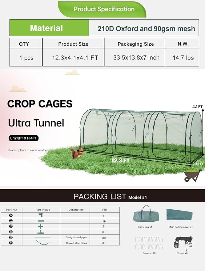 Poray Large 12.3X4FT Tunnel Plant Netting Cover, 4.1FT Tall Crop Cage Tomato - Image 2