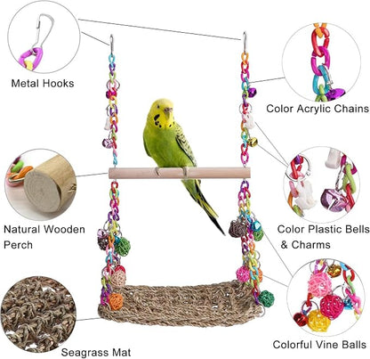 Bird Swing Toys with Wood Perch, Seagrass Woven Parrot Platform Bird Climbing - Image 6