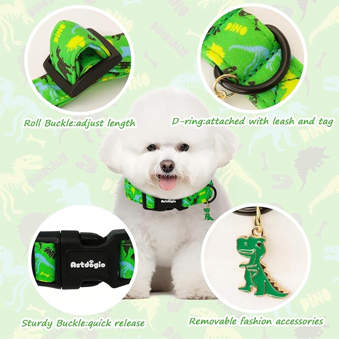 Dinosaur Dog Collar，Green with Multicolor Dino Pattern Handmade Cotton Collar - Image 4