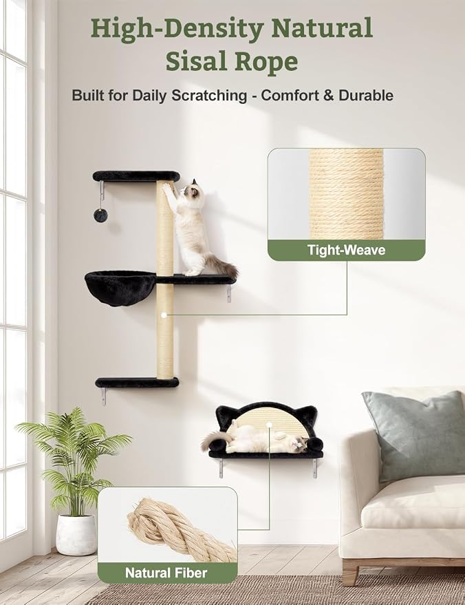 5-in-1 Cat Wall Shelves, Solid Wood & Velvet & Sisal Scratcher, 44lbs Max Load - Image 8