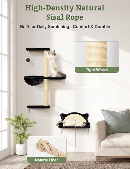 5-in-1 Cat Wall Shelves, Solid Wood & Velvet & Sisal Scratcher, 44lbs Max Load - Image 8