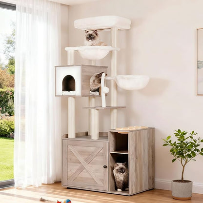 Hey-brother Cat Tree with Litter Box Enclosure, Modern Cat Tower by Hey-brother