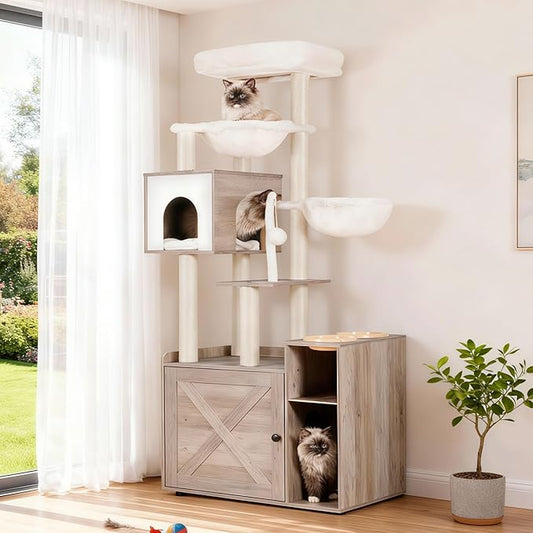 Hey-brother Cat Tree with Litter Box Enclosure, Modern Cat Tower by Hey-brother