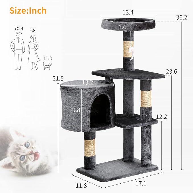BestPet | 36" Cat Tree Tower | Light Gray | Sturdy Multi-Level Cat Tree - Image 8