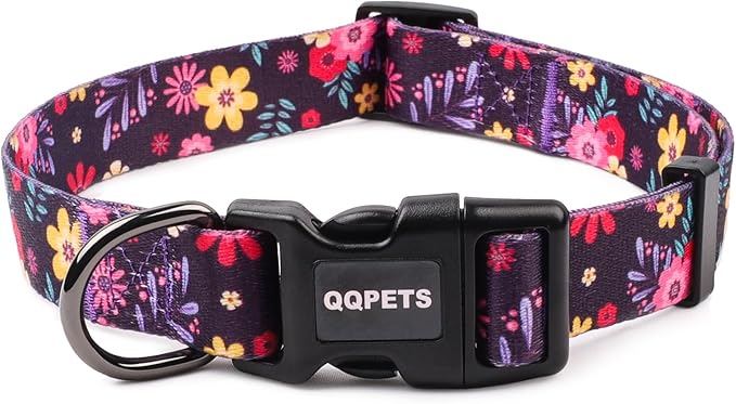 QQPETS Adjustable Soft Dog Collar: Print Flower Pink Multicolor Cute Patterns by QQPETS