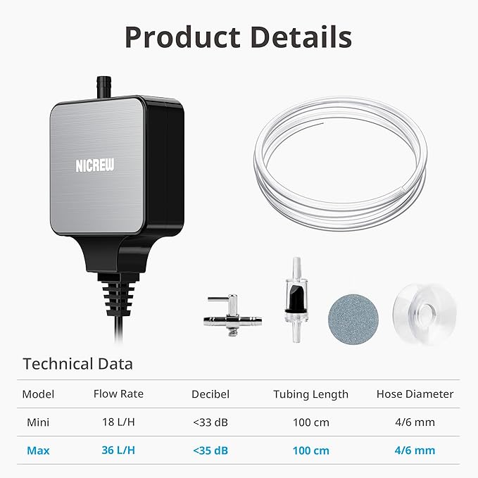 NICREW Nano Silent Aquarium Air Pump Black, Aquarium Aerator - Image 6