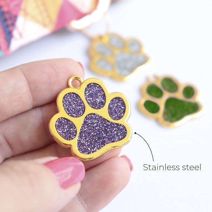 Paw Shape Dog ID Tag Stainless Steel Custom Laser Engraved, Cute Bling Glitter - Image 9