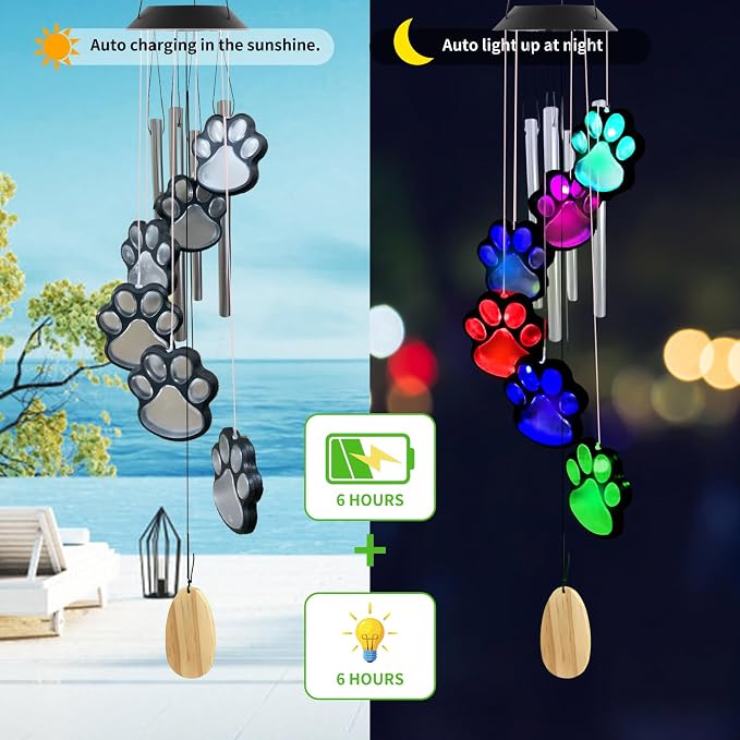Paw Print Solar Wind Chimes for Outside, Color Changing Paw Prints Wind Chimes - Image 2