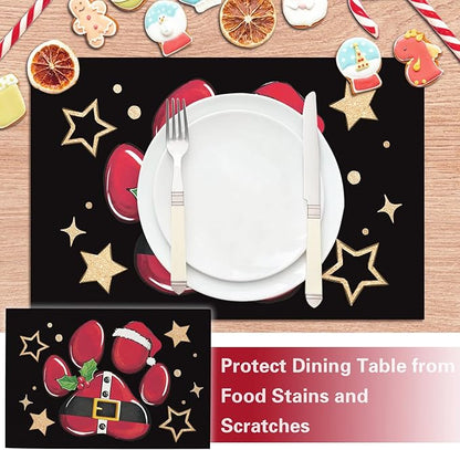 Christmas Dog Cat Paw Prints Placemats Set of 4, Xmas Stars Dining Place Mats - Image 5