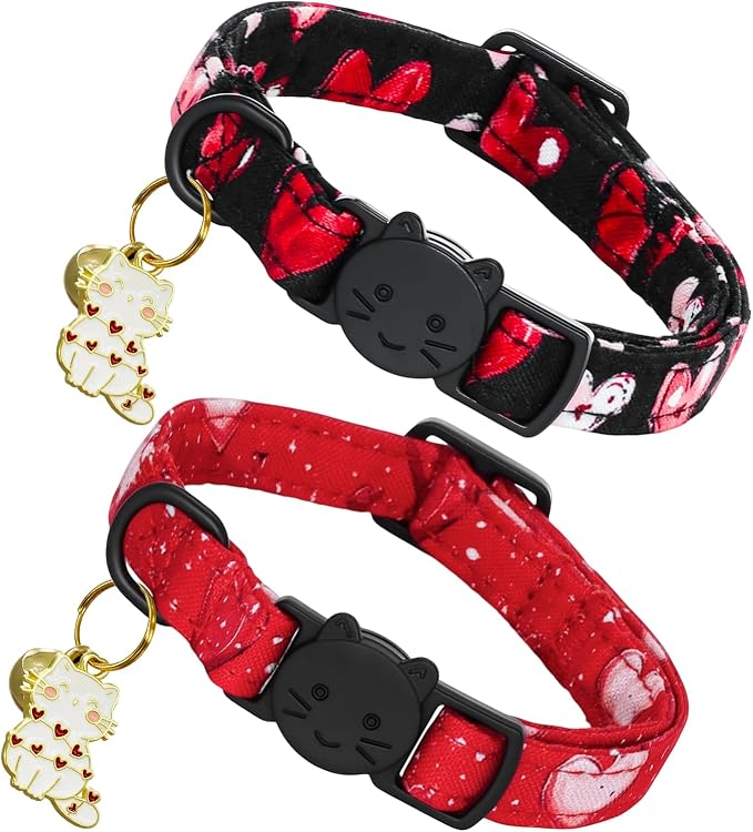 Valentine Cat Collar-2 Pack Collars Red and Black Heart Print Breakaway by BoboRainbow