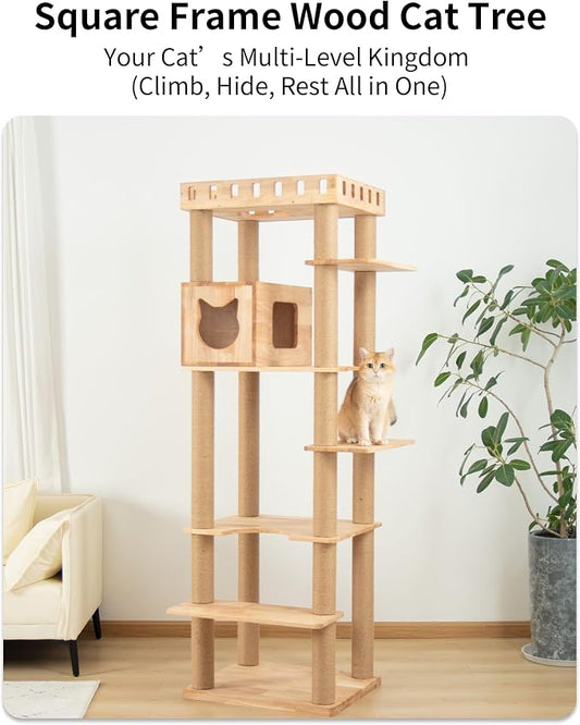 74" Wooden Cat Tree Tower for Large Cats, Cat Condo & Hammock, Natural Wood Cat - Image 2