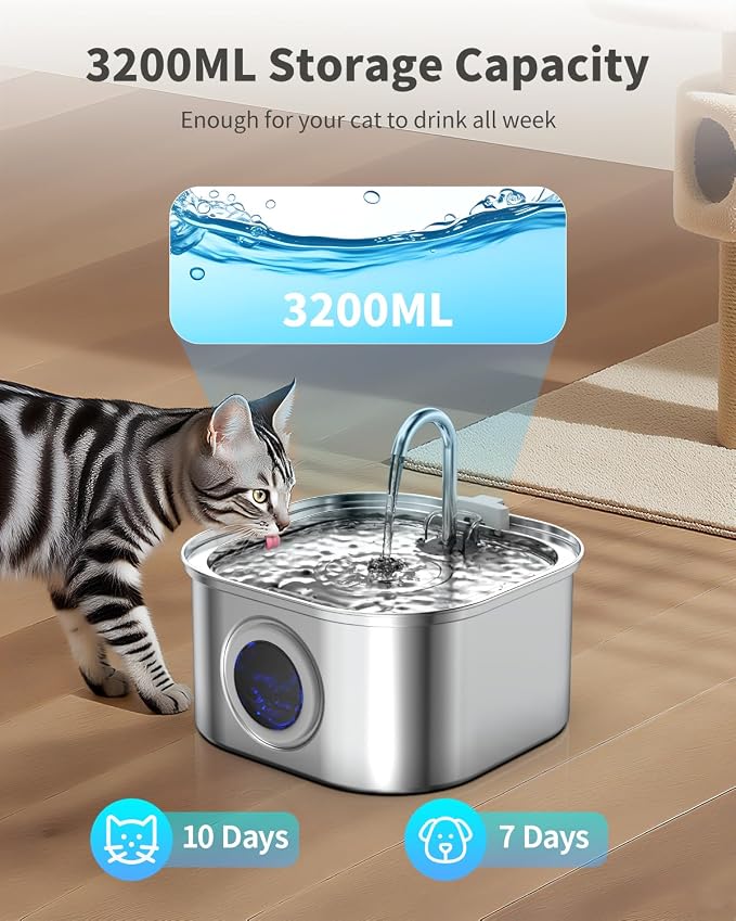 Cat Water Fountain Stainless Steel, 108oz/3.2L Automatic Pet Water Dispenser - Image 5