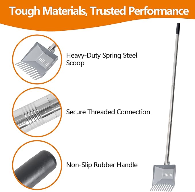 Heavy Duty Pooper Scooper 66in Tempered Spring Steel Scoop Long Stainless Steel - Image 5