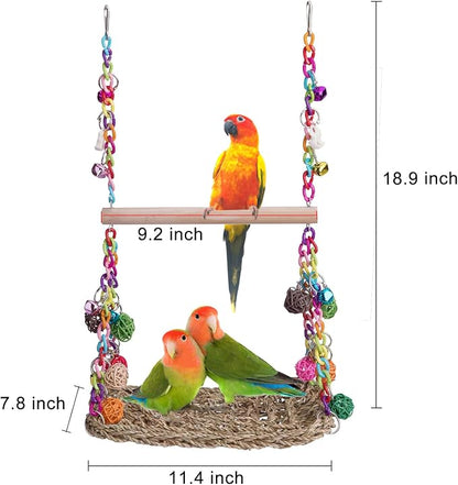 Bird Swing Toys with Wood Perch, Seagrass Woven Parrot Platform Bird Climbing - Image 5