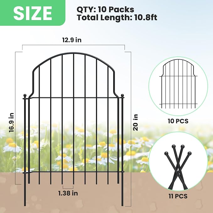 10Pcs Decorative Garden Fence, 20in/10.8ft Rustproof Metal Fences Animal - Image 2
