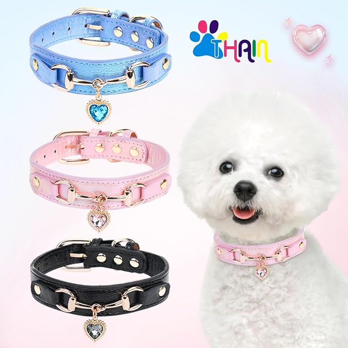 THAIN Fashion Dog Collar with Bling Diamonds & Heart Charm – 5 Holes Adjustable - Image 5