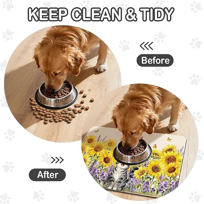 Dog Food Mat for Pet Cat Food Mat, Sunflower Absorbent Quick Dry Dog Bowl Mats - Image 2