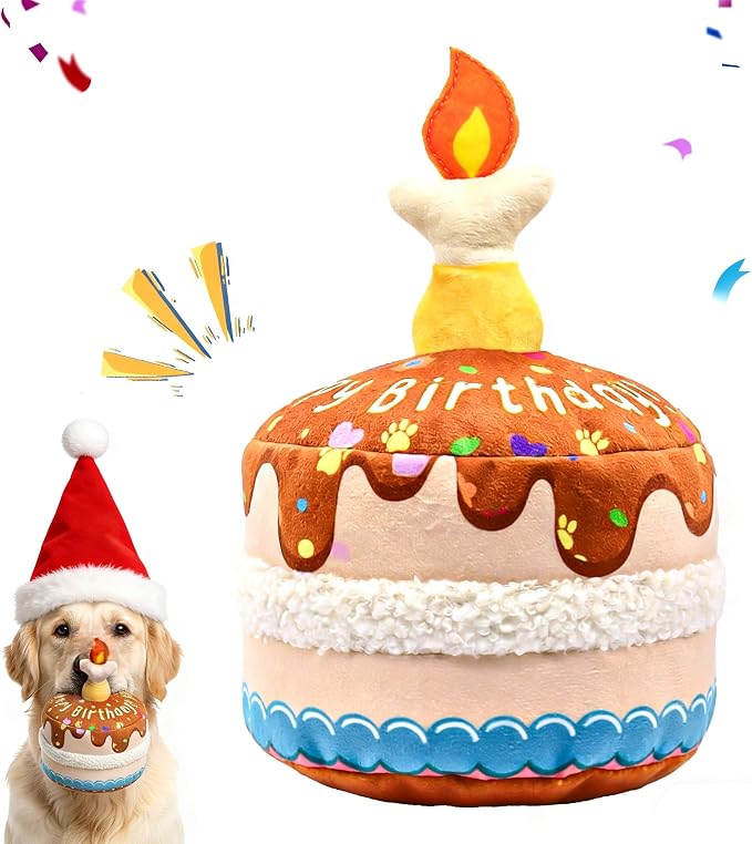 Dog Birthday Cake Toy, Interactive Crinkle Chew Toy by DFQ