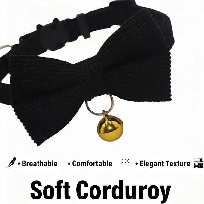 THAIN Cat Collar with Bow Tie and Bell, Breakaway Adjustable Cute Soft Corduroy - Image 2