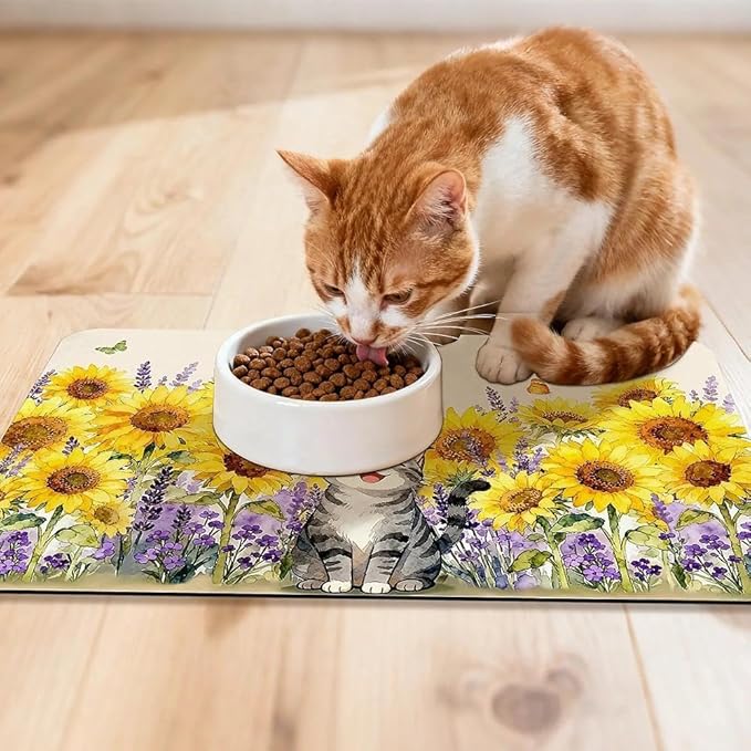 Dog Food Mat for Pet Cat Food Mat, Sunflower Absorbent Quick Dry Dog Bowl Mats - Image 3