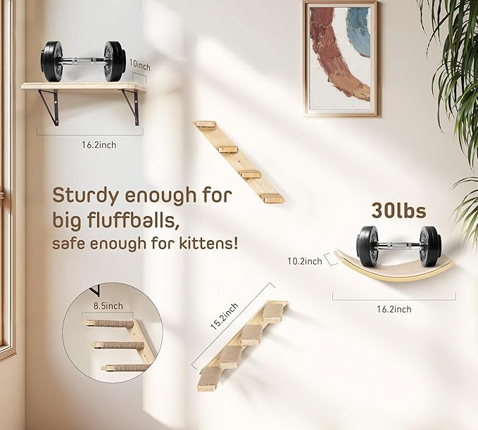 Cat Wall Shelves Set with Sisal Cats Stairs, 4 Piece Wooden Climbing Furniture - Image 5