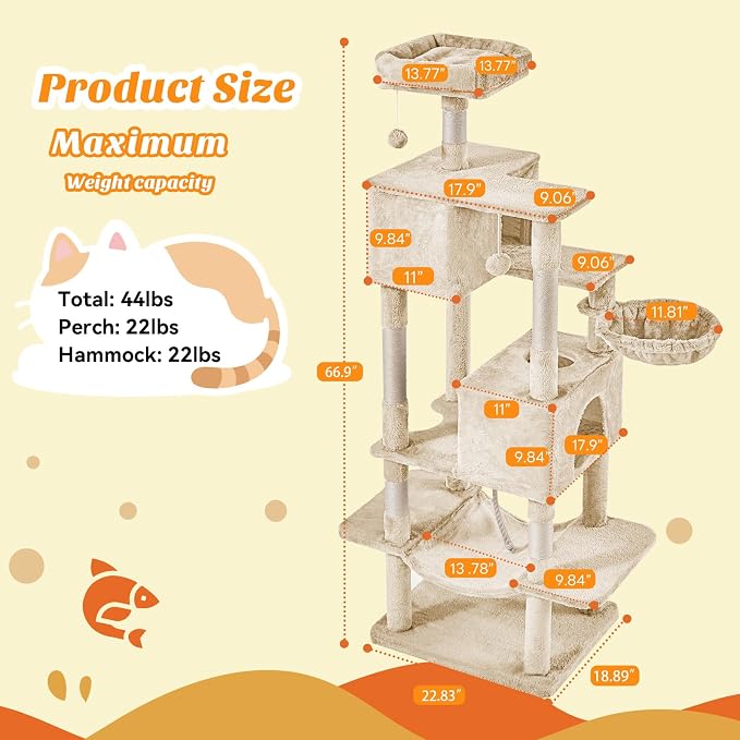 Large Cat Tree 66 Inch, Sisal Scratching Posts and Hammock, Pet Play House - Image 2