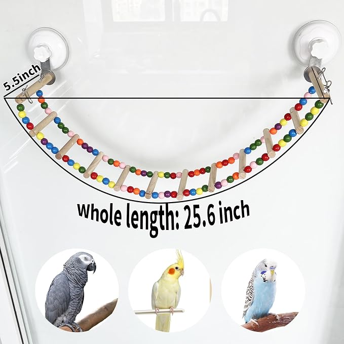 FlidRunest Suction Cup Wooden Bird Perch Stand Toy, Colorful Bird Parrot Ladder - Image 4