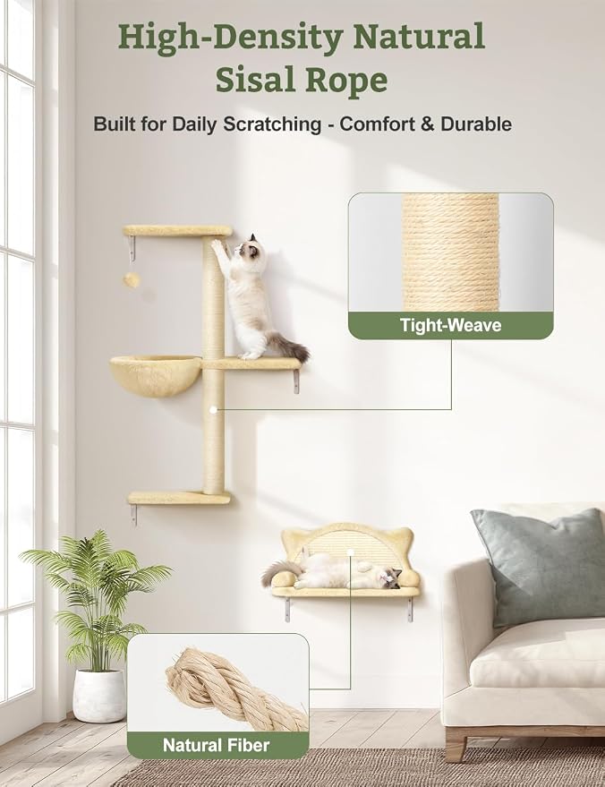 5-in-1 Cat Wall Shelves, Solid Wood & Velvet & Sisal Scratcher, 44lbs Max Load - Image 8