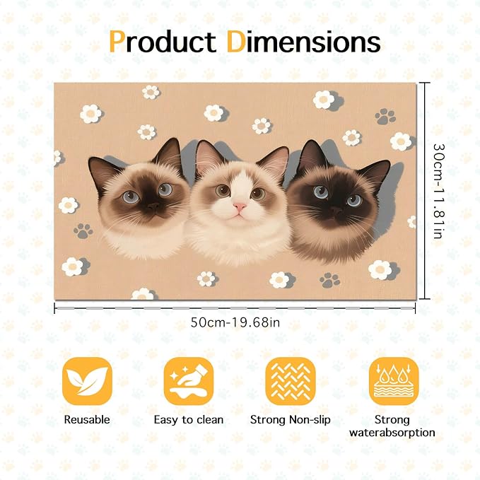 Cat Feedings Mats 20x12 inch Cute Cat Print Pet Bowl Placemat Non Slip Mat - Image 6