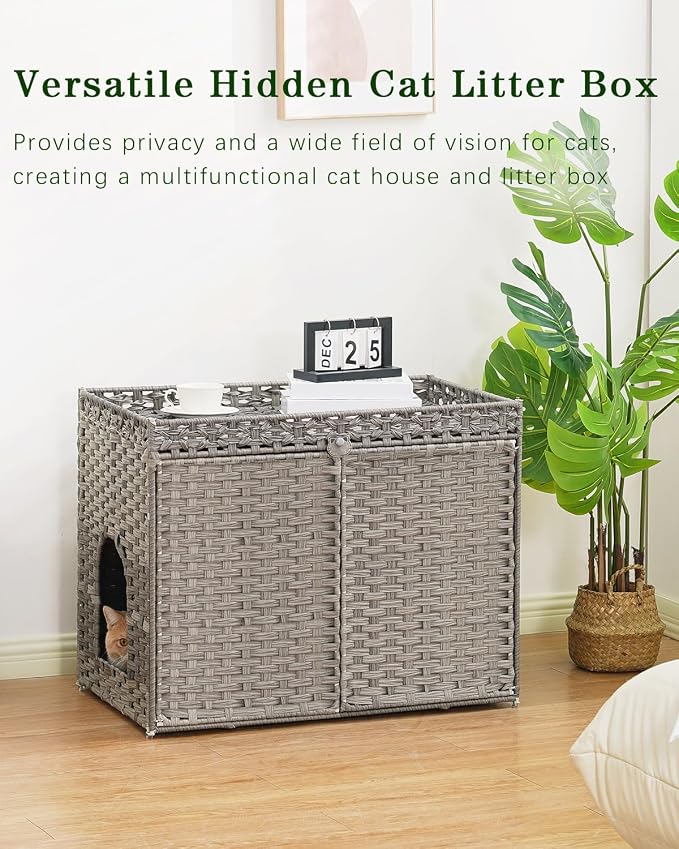 Cat Litter Box Enclosure Furniture, Handwoven Rattan Hidden Litter Box - Image 7