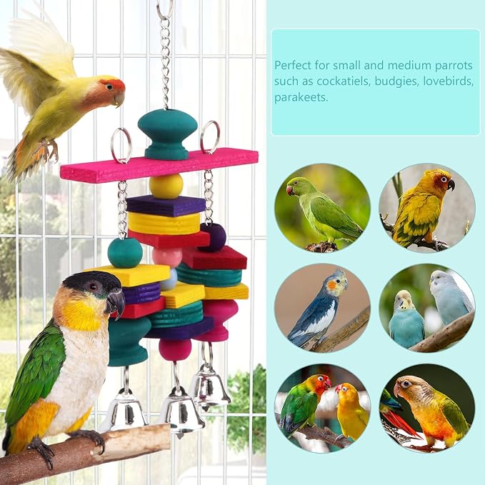 Hypeety Parrot Hanging Swing Bells Chew Toy Colorful Hanging Wood Block Natural - Image 3