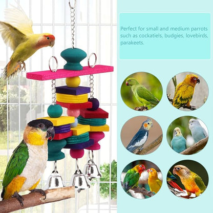 Hypeety Parrot Hanging Swing Bells Chew Toy Colorful Hanging Wood Block Natural - Image 3