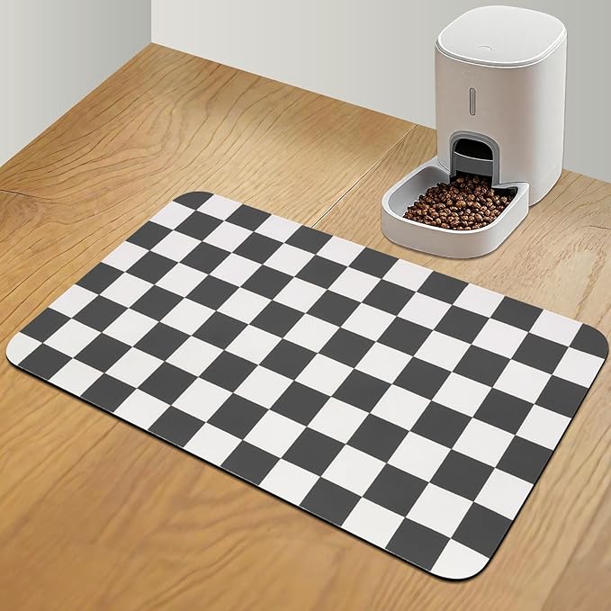 Checkered Dog Food Mat, Absorbent Leak-Proof Pet Feeding Mat, Quick Dry Cat by CooRug
